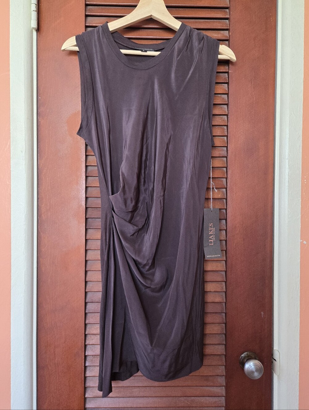 NWT KES NYC Silk Asymetric Sleeveless Drape Dress, Graphite Gray, S, Made In USA